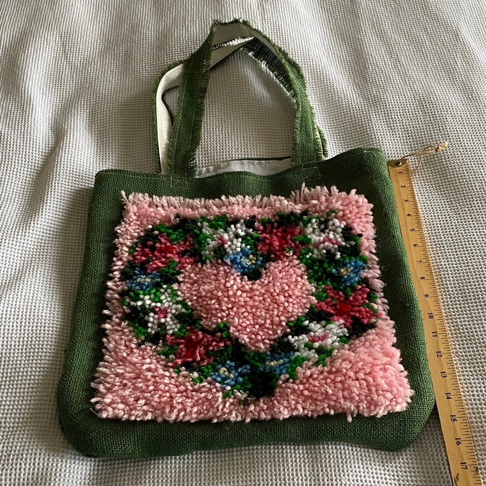 Handcrafted Green and Pink Heart Tote Bag made out of Vintage Hook Rug & Burlap.